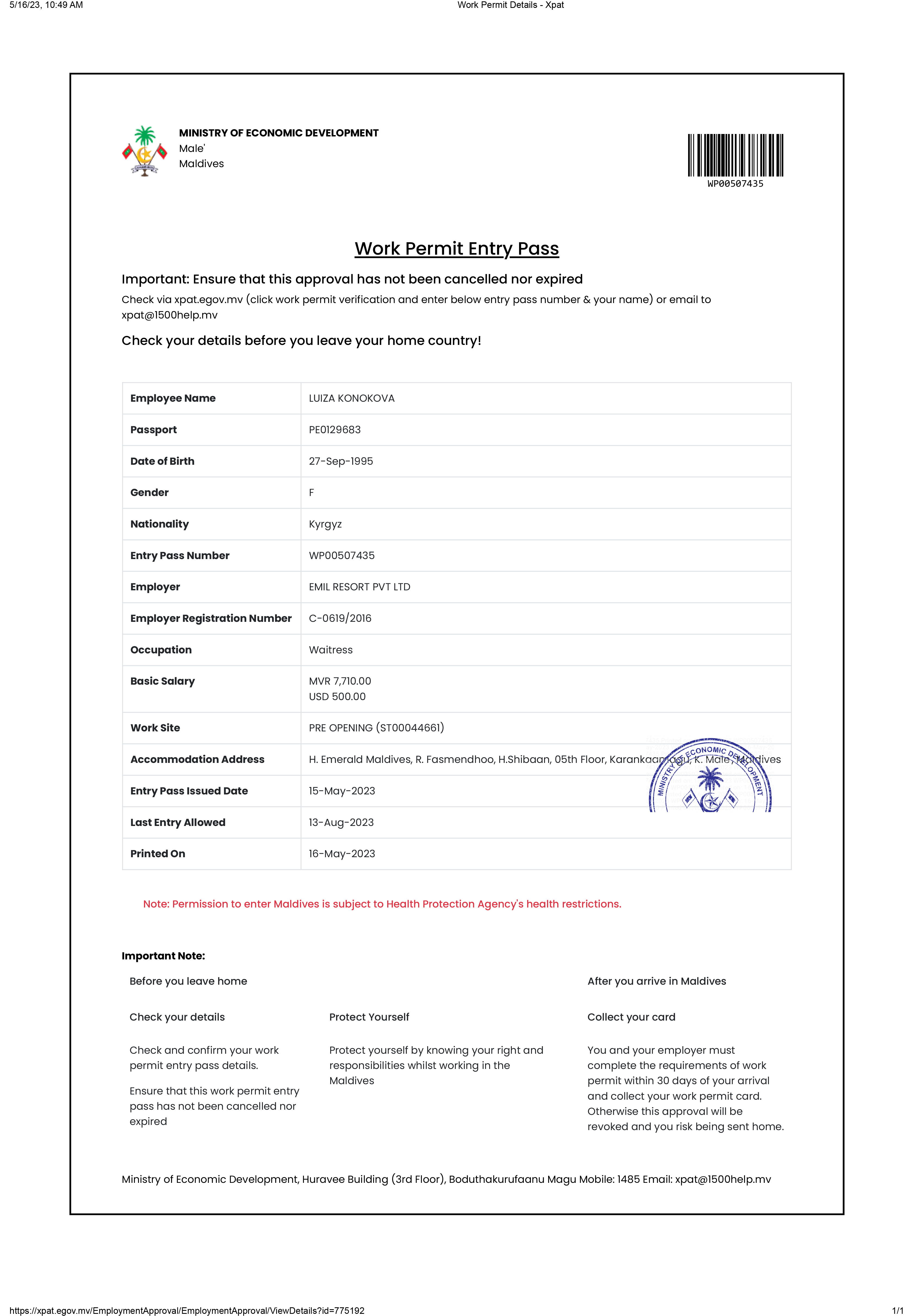 Maldives work permit